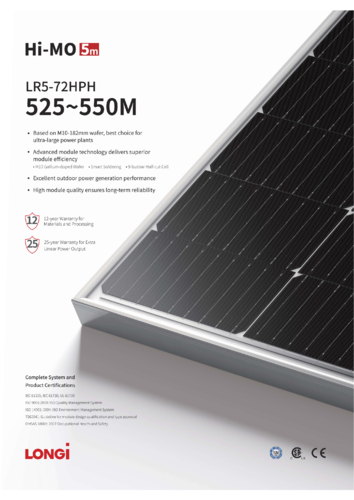 Panel Longi Solar monocristalino PERC 525-555W serie HPH LR5 HiM05m