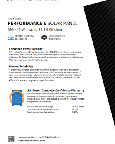 Panel solar SunPower Performance P6 negro PERC 395-415W sin barras colectoras