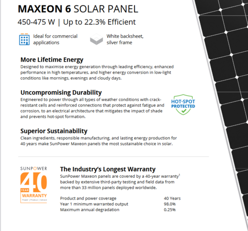 Panel solar SunPower Maxeon 6  PERC sin barras colectoras 450-475W