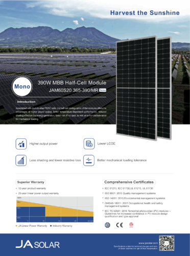 Panel solar monocristalino PERC Ja Solar 370-390 W JAM60S20.