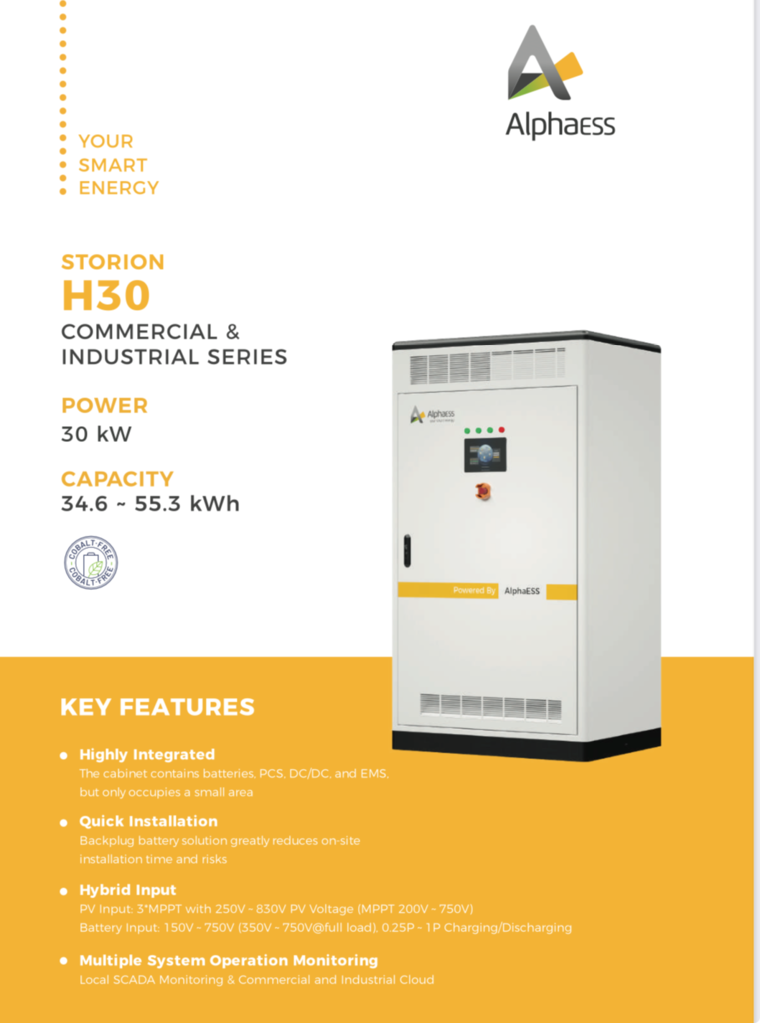 Alpha ESS H30 with 30kW hybrid inverter & 55kWh lithium batteries