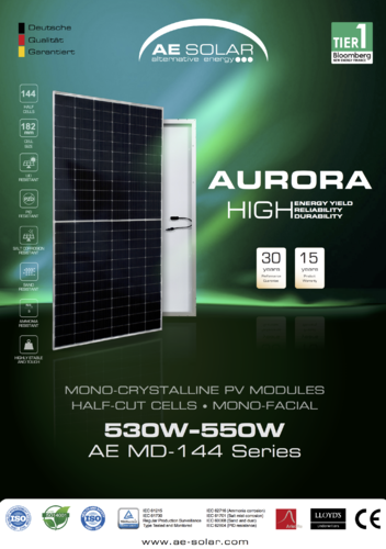 Panel AE Solar monocristalino PERC con galio 550W Serie Aurora MD144
