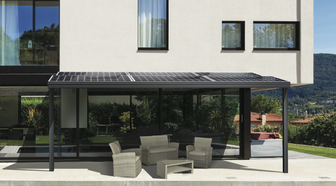 Pérgola Solar IRRF modelo Harmony. Alta estética y extras para paneles hasta 1,8x1,1m