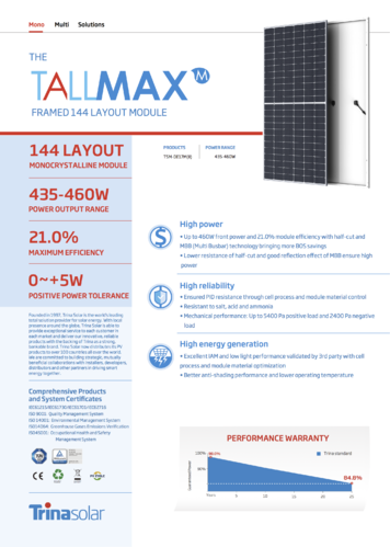 Panel solar monocristalino Trina TallMax 450-460W medias celdas