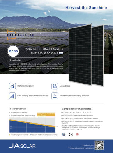 Placa monocristalina PERC Ja Solar 530-550W medias celdas serie Deep Blue 3.0
