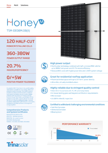 Panel solar monocristalino Trina Honey 375-380W medias celdas