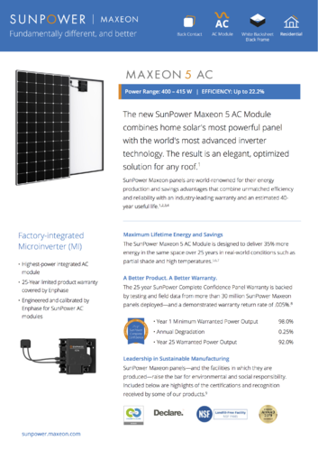 Panel solar Sun Power serie Maxeon 5 AC 400-425W con microinversor IQ7A