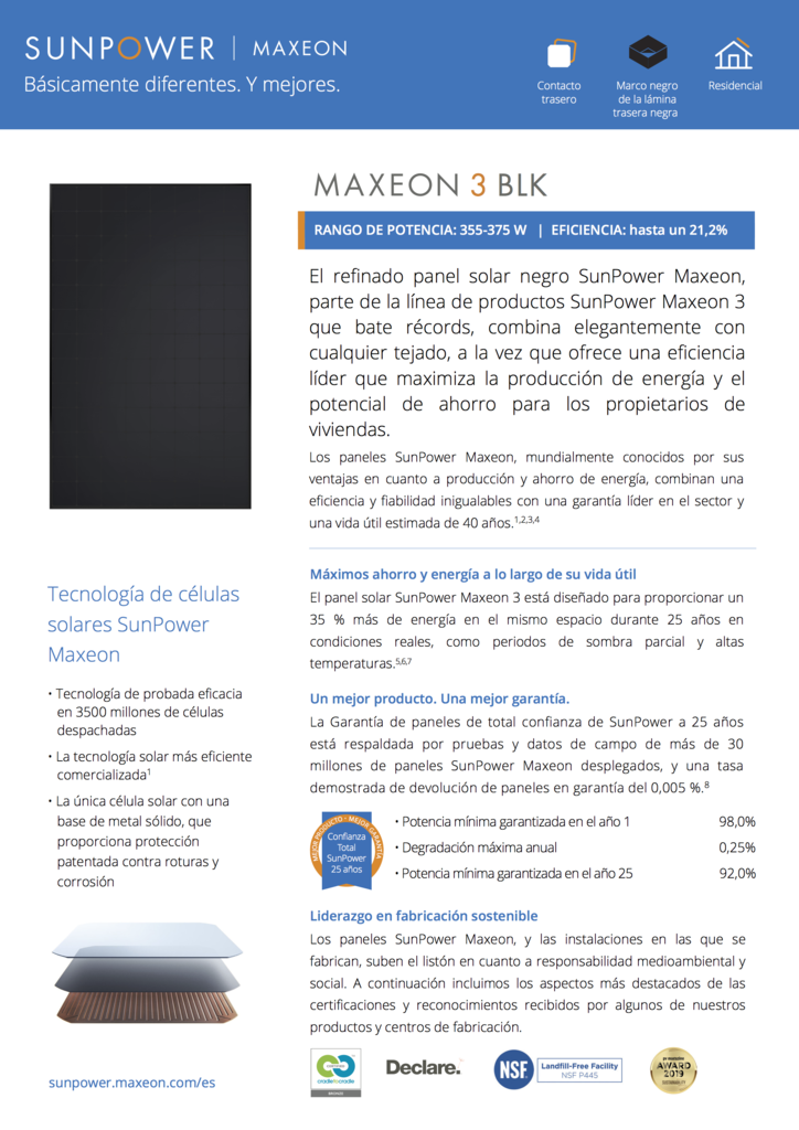 Panel SunPower Maxeon 3 sin barras colectoras negro marco