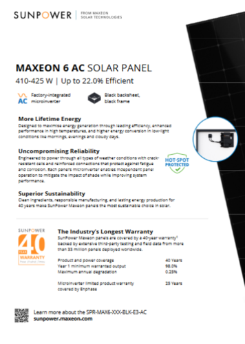 Panel solar SunPower Maxeon 6 AC  PERC sin barras colectoras negro