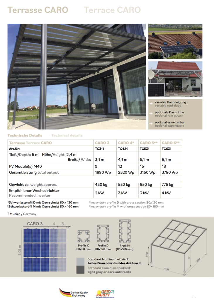 Pérgola Solar Caro Alta estética y impermeable con 18 paneles semitransparentes