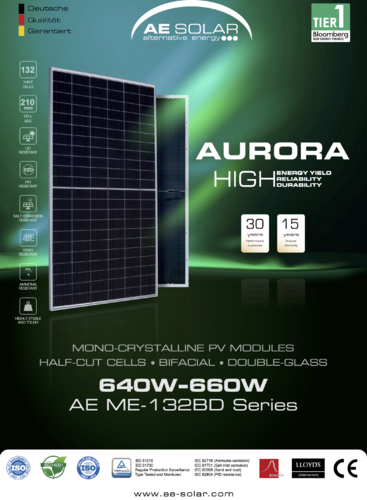 Panel monocristalino PERC bifacial AE SOLAR MD 650-660W serie Aurora cristal -cristal