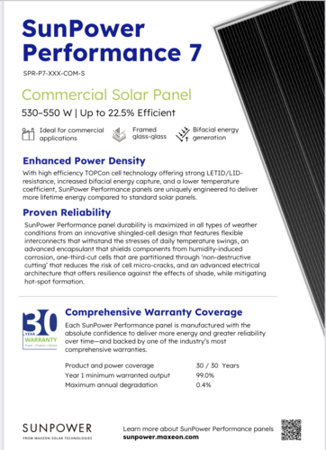 SunPower PV panel  P7 Com bifacial 530-550W. Glass-glass