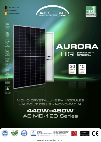 Panel AE Solar monocristalino PERC 440-450W serie Aurora MD120