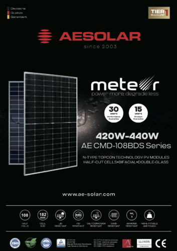 Panel AE Solar cristal-cristal bifacial TopCon tipo N monocristalino PERC  420-430W marco negro