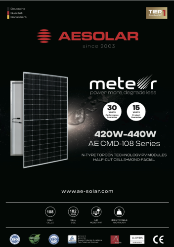 Panel AE Solar TopCon tipo N monocristalino PERC  420-440W marco negro